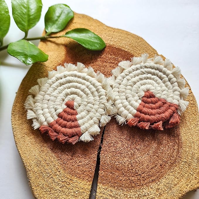 Cotton Car Coasters for Cup Holders, 2PC Car Cup Coasters, Drink Coaster Holder, Cute cupholder Coaster Accessories for Women, Macrame, Boho (Cappuccino)