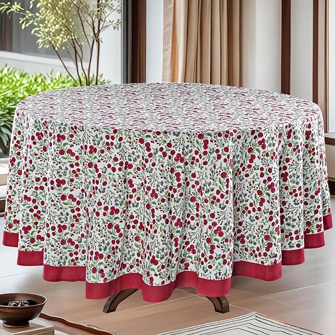 Ridhi Block Print Round Garnet Red Reusable Tablecloth 100% Cotton 60" Inch Decorative Table Cover eveyday Dining, Home, Party, Wedding, Farmhouse Gift for Spring, Easter, Valentine