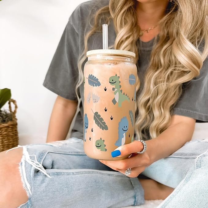 Sip-Sip Hooray! Cute Dinosaur Coffee Cup With Lid and Straw, 16oz Glass Baby Dino Gift, Dino Can Gift for Girlfriend, Trex Beer Can
