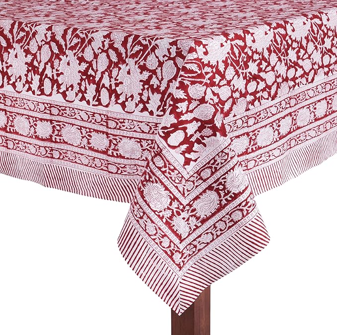 ATOSII Meraki Red 100% Cotton Tablecloth, Handblock Print Rectangle Table Cover for Kitchen Dining I Tabletop Linen I Parties, Thanksgiving, Christmas, Wedding, Fall Table Cloth 60 X 108 Inches
