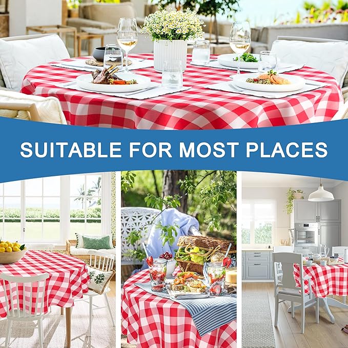 Hiasan Checkered Round Tablecloth 60 Inch - Waterproof Stain and Wrinkle Resistant Washable Fabric Table Cloth for Holiday Day, Dining Room, Outdoor Picnic, Red and White Gingham Pattern