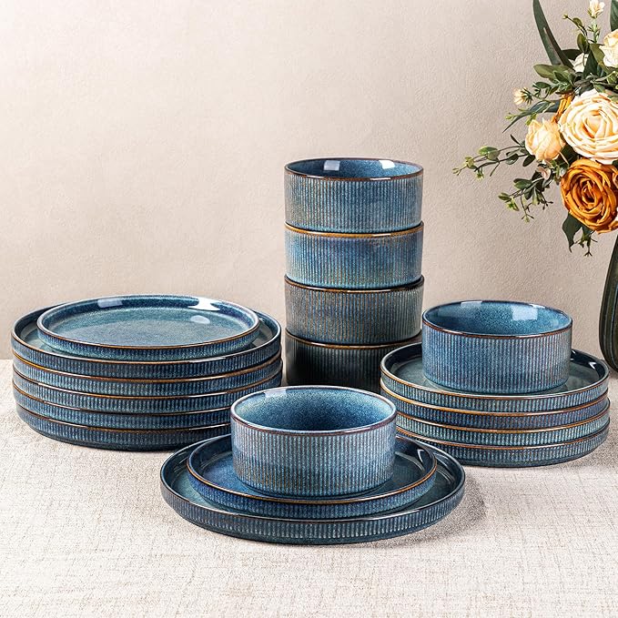 GBHOME 18-Piece Stoneware Dinnerware Set for 6 – Ribbed Ceramic Plates and Bowls, Scratch-Resistant, Microwave & Dishwasher Safe, Reactive Glaze, Ceylon Blue