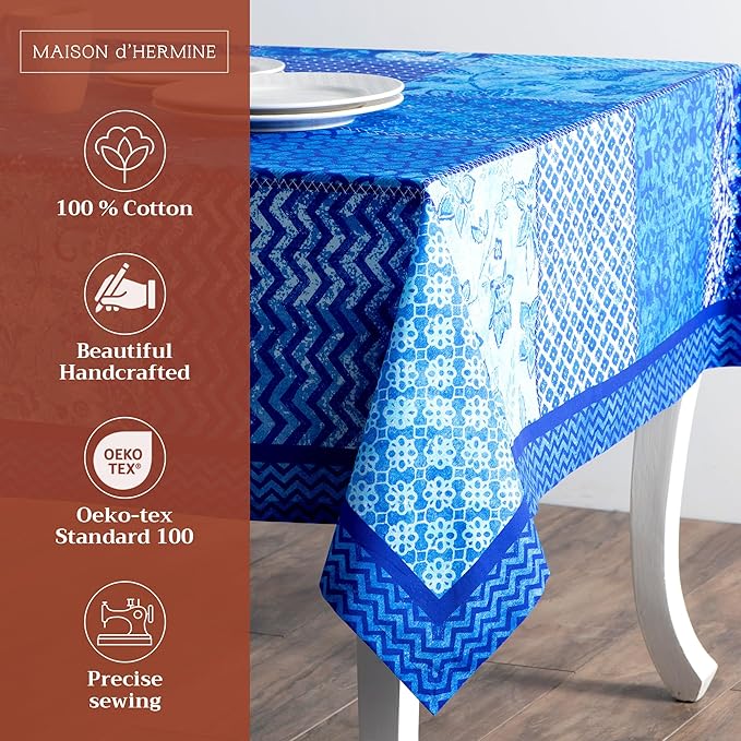 Maison d' Hermine Table Cloth Square Table 100% Cotton 60 x 60 Inches Tablecloth Reusable Decorative for Dining Room Farmhouse Home Valentines Day Decorations Spring Summer - Indigo Love
