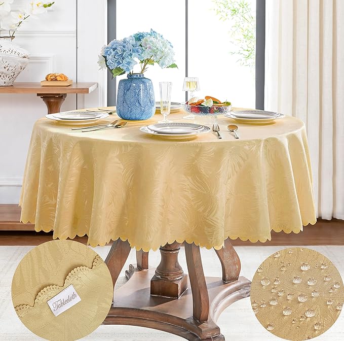 Round Tablecloth 70 Inch Fabric Table Cloth Leaves Pattern Scalloped Edge Silky Tablecloth Waterproof Washable Table Cover for Kitchen Dining Party Banquet Patio Decor Golden