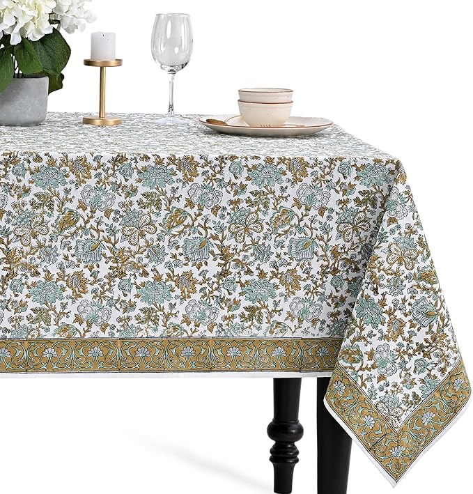 CPC Tablecloth 100% Cotton 72x140 Inch Indian Block Print Rectangle Table Cover, Blue Table Cloth for Weddings, Spring/Summer, Barbeque - Harvest Bloom
