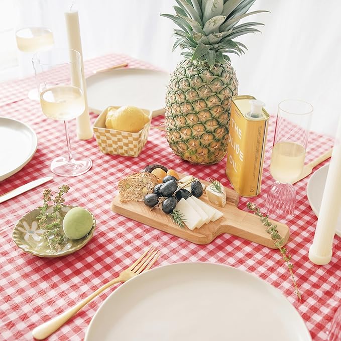 MONDAY MOOSE Gingham Checkered Farmhouse Rustic Picnic Style Decoration Rectangle Natural Stonewashed Cotton Tablecloth for Kitchen, Dining Room, Restaurant (60x102 inch, Red/White)