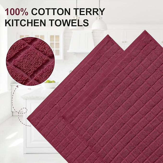 Homaxy Premium Cotton Kitchen Towels 16"x 28", Large Natural Ring Spun 390 GSM Dish Towels, Super Absorbent Terry Kitchen Hand Towels, Soft Tea Towels with Hanging Loop, Pure Red Design,6 Pack