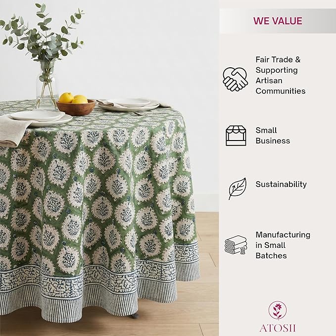 ATOSII Kari Green 100% Cotton Round Boho Spring Summer Tablecloth, Block Print Floral Table Cloth Linen for Dining, Parties, Weddings, OutdoorsI Home Table Decor 90" Inches Round