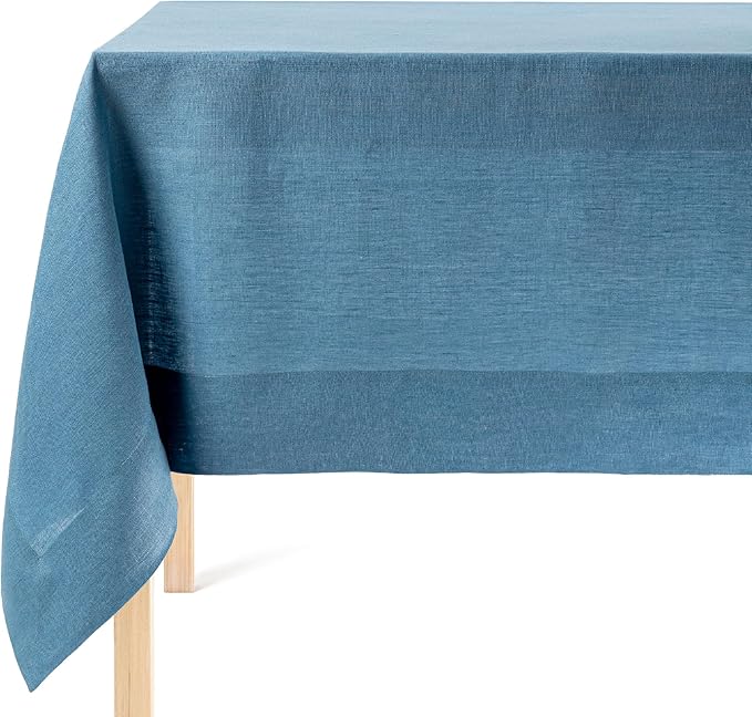 Over&Back 100%-Linen Woven Tablecloth - Colorful Dining Room Table Cover - Mitered Corner Hems - Machine Washable - Kitchen and Home Decor - Blue - 70x90