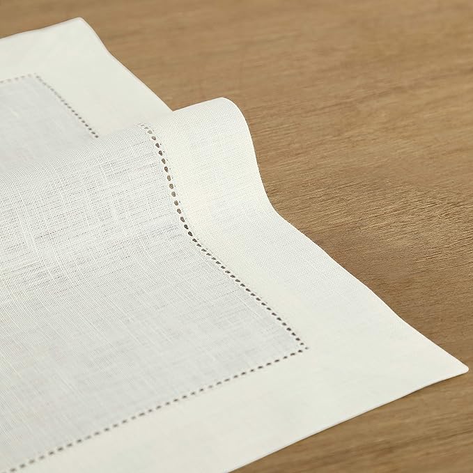 Solino Home Linen Placemats Set of 4 - Classic Hemstitch Ivory Placemats 14 x 19 Inch - 100% Pure Linen Table Mats for Spring, Easter