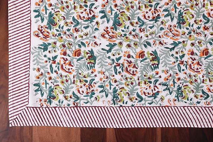 ATOSII Ambrosia Green 100% Cotton Boho Rectangle Spring Tablecloth, Handblock Floral Print Table Cloth Linen for Kitchen Dining I Parties Outdoors Weddings Easter Picnics I 72 X 108 Inches I 8 Seater
