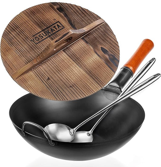 YOSUKATA Carbon Steel Wok Pan – 13,5 “ Stir Fry Pans with Flat Bottom + Premium Wok Cover 13.5 inch Pan Lid + 17’’ Spatula and Ladle