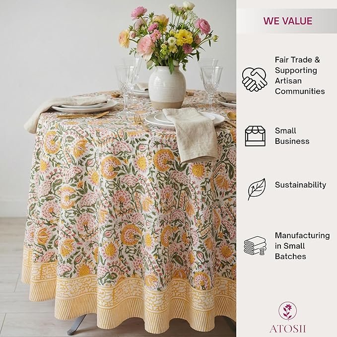 ATOSII Clover Yellow 100% Cotton Round Tablecloth, Handblock Print Floral Table Cloth for Kitchen Dining Linen I Parties, Weddings, Outdoors, Christmas, Thanksgiving I Fall Home Decor 72" Inches Round