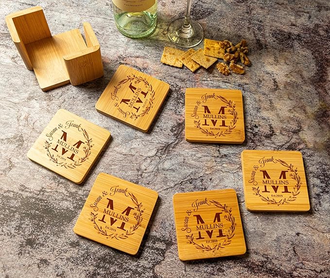 Silveroy Custom Coaster Set of 6 with Holder - Personalized Bamboo Bar Coasters for Anniversary, Wedding, Ideas to Couples, Newlyweds