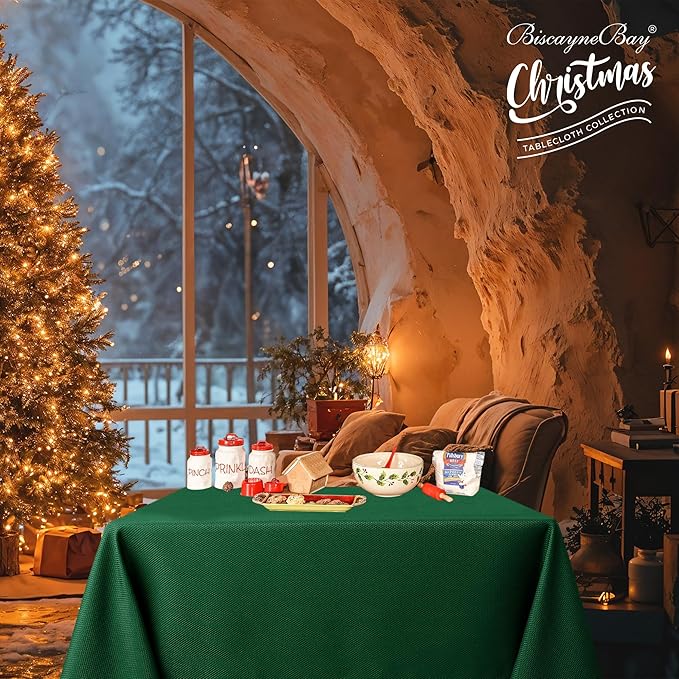 Biscaynebay Textured Fabric Christmas Square Tablecloths 54x54 Inches, Hunter Green Water Resistant Spill Proof Tablecloths for Dining, Kitchen, Wedding and Parties etc. Machine Washable