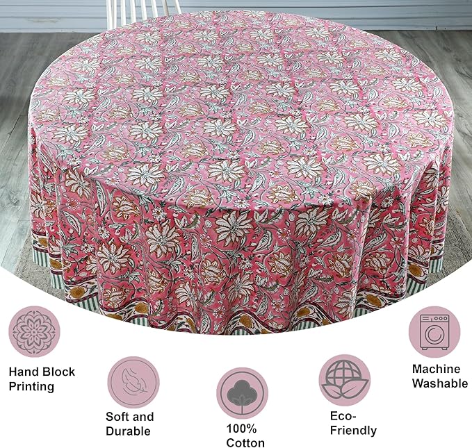 Ridhi Block Print Round Candy Pink Reusable Tablecloth 100% Cotton 110" Inch Decorative Table Cover eveyday Dining, Home, Party, Wedding, Farmhouse Gift for Spring, Easter, Valentine