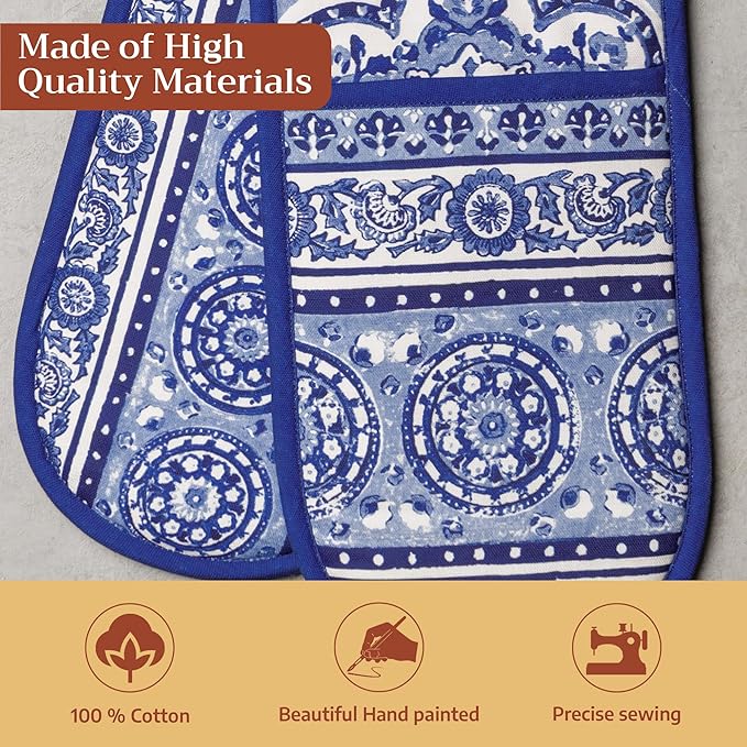 Maison d' Hermine Double Oven Mitts 100% Cotton 7"x35" Double Oven Mitt Heat Resistant BBQ Cooking Gloves with Loop, Baking, Grilling, Home, Kitchen, Handling Hot Pans Spring Summer (Melodie Bleue)