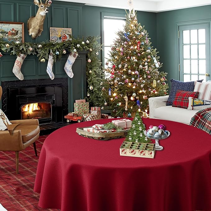 Biscaynebay Textured Fabric Christmas Round Table Cloth 90", Red Water Resistant Spill Proof Folding Table Covers for Dining, Kitchen, Wedding & Parties Machine Washable
