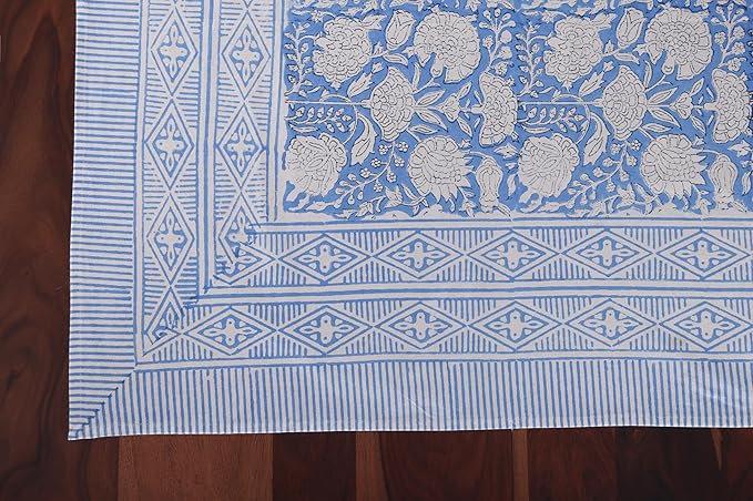 ATOSII Azora Blue 100% Cotton Rectangle Summer Tablecloth, Handblock Floral Table Cloth for Dining Table I Parties Wedding Outdoors I Grand Millennial Decor 60 X 108 Inches I 8 Seater Memorial Day