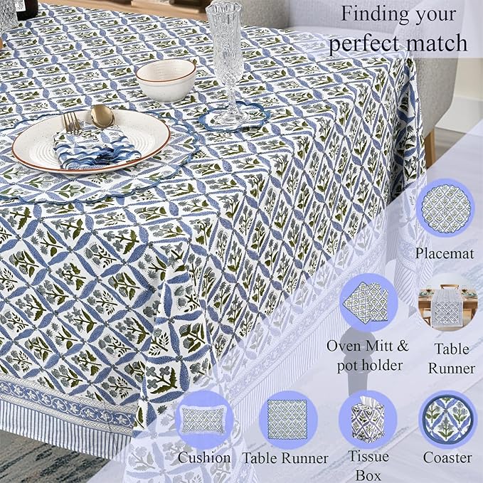 Ridhi Hand Block Print Light Steel Blue Rectangle Cotton Tablecloth 120" x 80" Reusable Table Cover Decorative Everyday Use for Dining, Farmhouse, Home Gift for Spring, Easter, Valentine