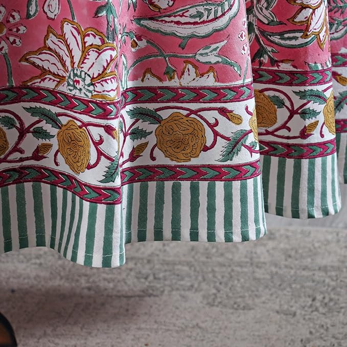 Ridhi Block Print Round Candy Pink Reusable Tablecloth 100% Cotton 120" Inch Decorative Table Cover eveyday Dining, Home, Party, Wedding, Farmhouse Gift for Spring, Easter, Valentine