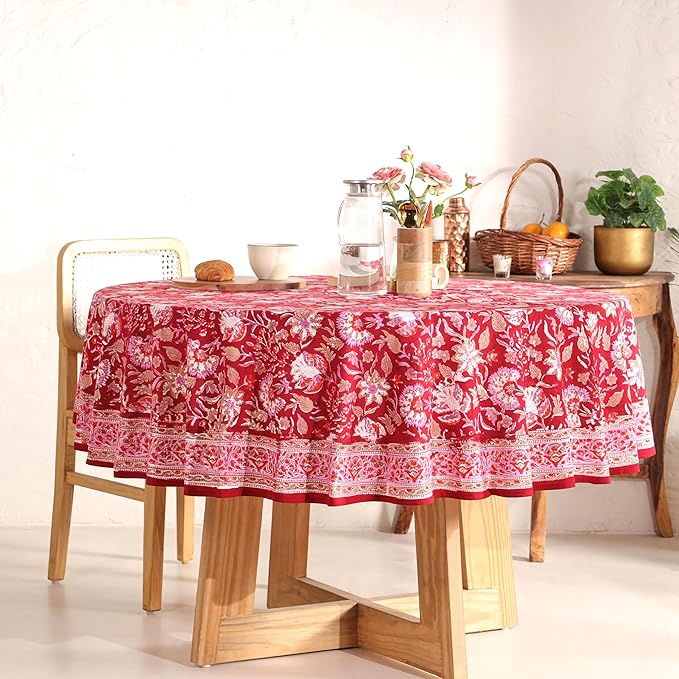 Hand Block Printed Table Cover - Exquisite Design, Premium Cotton Fabric, Perfect for Dining and Decor, Dining Table Linen(Cherry Red,6 Seater 72 Inches Round)