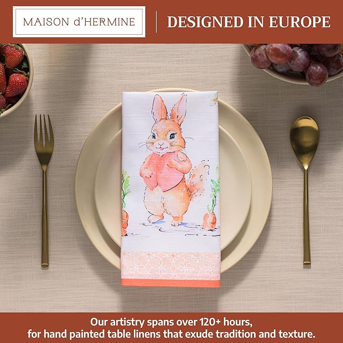 Maison d' Hermine Cloth Napkins Set of 4 100% Cotton Everyday Reusable Square Napkins Cloth Washable Dinner Party Wedding Restaurant Valentines Day Decorations Spring/Summer (Bunny Party, 20" x 20")