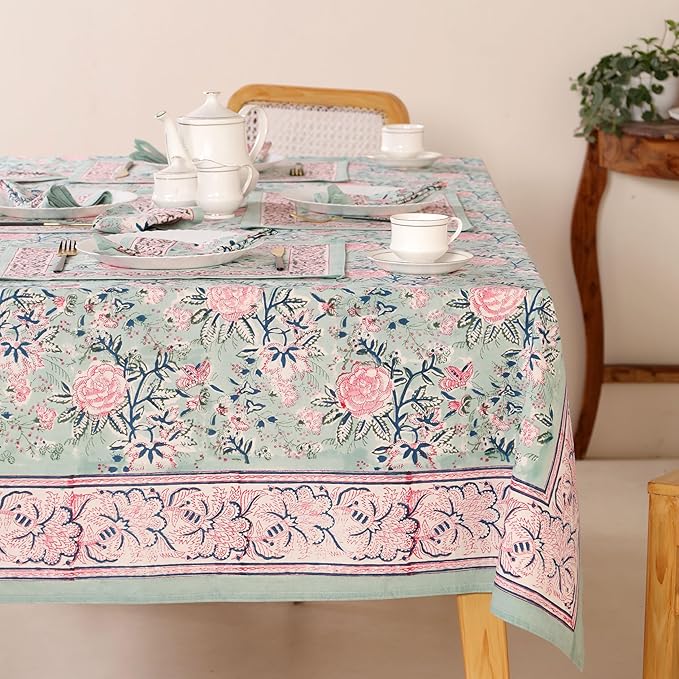 Hand Block Printed Table Cover - Exquisite Design, Premium Cotton Fabric, Perfect for Dining and Decor, Dining Table Linen (Mint Green, 6 Seater 60 x 90 Inches Rectangle)