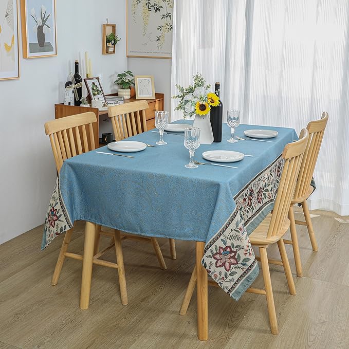 Dimatic Cotton Linen Rectangular Botanical Pattern Tablecloth for Kitchen, Dining Table, Picnic, Party Holiday Decoration Table Cover, Blue 55 x 118 Inches