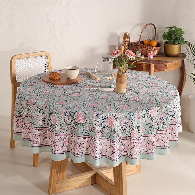 Hand Block Printed Table Cover - Exquisite Design, Premium Cotton Fabric, Perfect for Dining and Decor, Dining Table Linen(Mint Green,10 Seater 108 Inches Round)