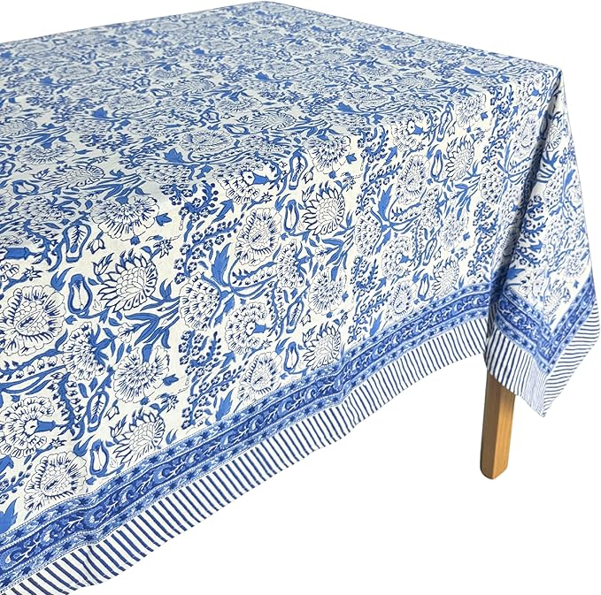 ATOSII Indigo Bloom 100% Cotton Rectangle Summer Tablecloth, Handblock Floral Print Linen Table Cloth for Kitchen Dining I Parties, Weddings, Outdoors, 60 X 108 Inches I 8 Seater