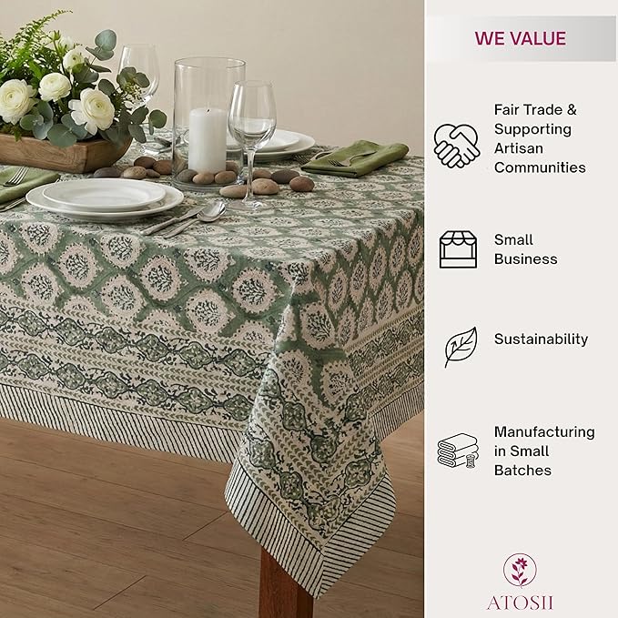 ATOSII Kari Green 100% Cotton Rectangle Fall Tablecloth, Block Print Floral Table Cloth Linen for Dining, Parties, Outdoors, Christmas, Thanksgiving, Grandmillennial Decor 60 X 90 Inches I 6 Seater