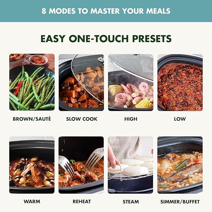 GreenPan Elite 8-in-1 Programmable 6QT Electric Slow Cooker, Dishwasher Safe Lid & Removable Crock, PFAS-Free Healthy Ceramic Nonstick Multi-Cooker, Sear, Sauté/Brown, Steam Basket, Roast, Deep Teal