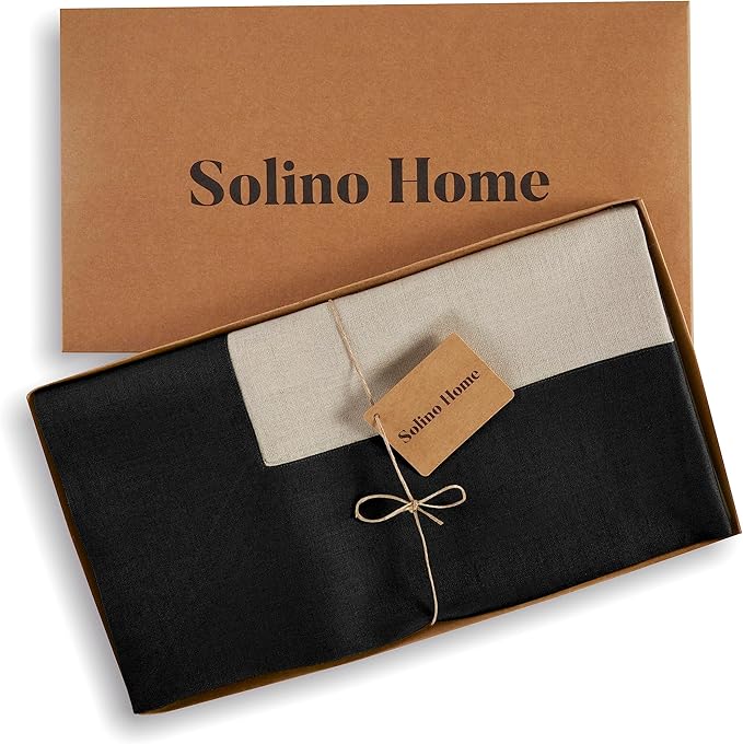 Solino Home Linen Tablecloth 60 x 90 Inch - 100% Pure Linen Black and Natural Rectangular Tablecloth - Machine Washable Table Cloth for Winter - Contempo