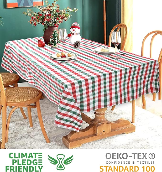 Urban Villa Tablecloth Christmas Tabletop Cover Kitchen Dining Tablecloth 100% Cotton Holiday Celebrations Wedding Dinner Parties Red/Green/White Color Rectangle 60X102 Inches 8-10 Seats Table Cloth