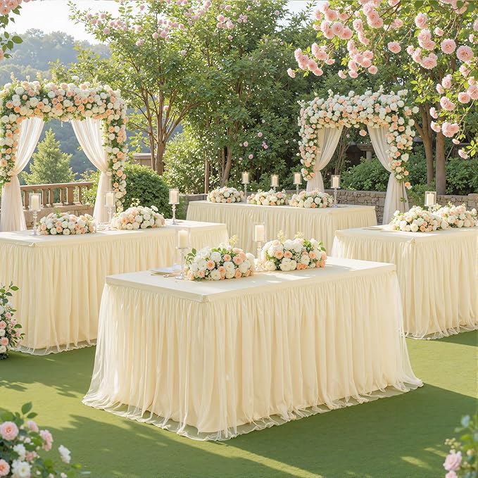 Suppromo 8ft Champagne Tulle Tablecloths for Rectangle Tables 8 Foot Stretch Rectangular Table Cloths Wrinkle Free Table Cover with Tutu Skirt for Wedding Birthday Party Banquet Buffet Cake Event