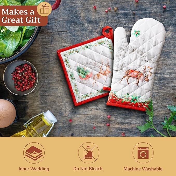 Maison d' Hermine 100% Cotton Oven Mitt & Pot Holder Set (7.5"x13" & 8"x8") Heat Resistant BBQ Cooking Gloves with Loop for Thanksgiving Christmas Decorations Handling Hot Pans (Christmas Tradition)