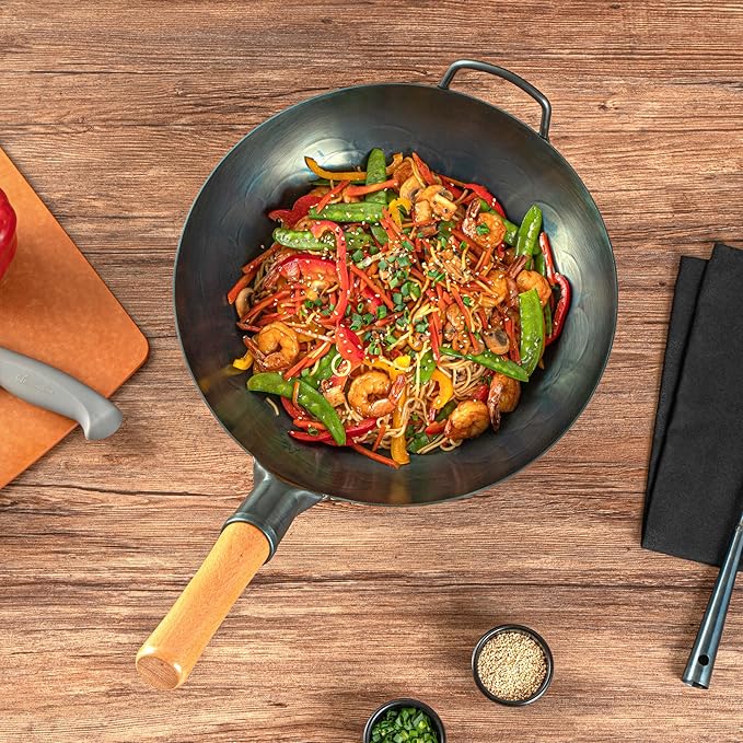Restaurantware-Motomori 12 Inch Blue Carbon Steel Wok Pans, 10 Traditional Japanese Woks - Flat Bottom, Hand-Hammered, Carbon Steel Traditional Stir Fry Pans, With Wooden Handle