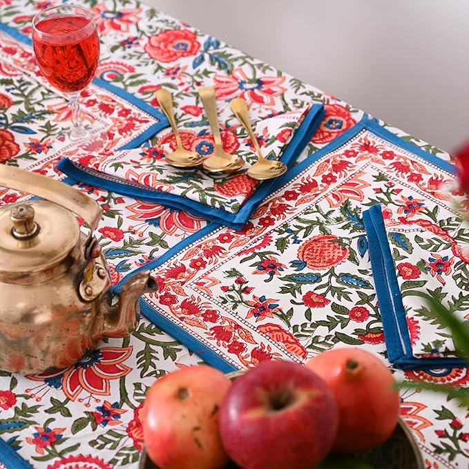 Hand Block Printed Cotton Tablecloth Elegant Floral Design Perfect for Dining Table Kitchen Parties Home Decor, Wall Tapestry (Peach Floral, 10 Seater 72 x 118 Inches Rectangle)