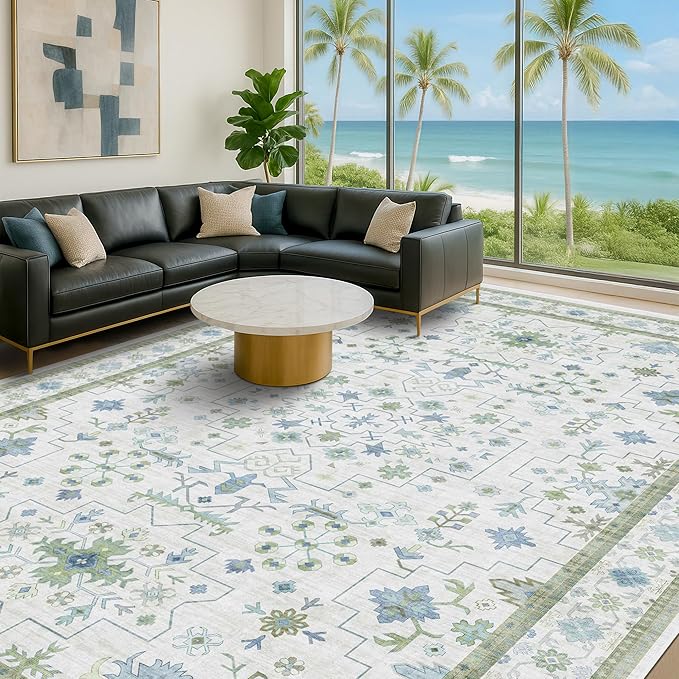 Oriental 10x14 Rug Living Room - Washable Oushak Boho Extra Large for Bedroom Non Slip Soft Faux Wool Carpet for Dining Room Playroom - Cream Blue and Green Floral Rug