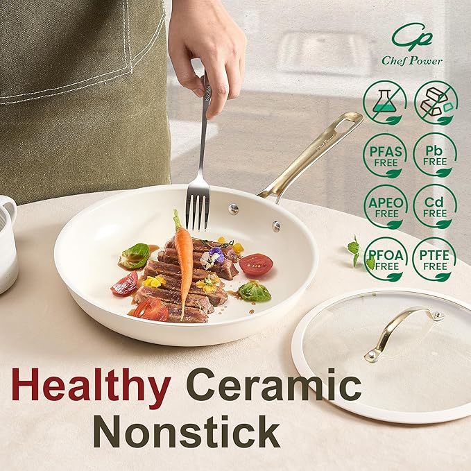 Chef Power Ceramic Cookware Sets, 10Pcs Pots and Pans Set Non Stick, Cookware Set with Stainless Steel Handle, Dishwasher & Oven Safe, Cream White and Light Gold Handle