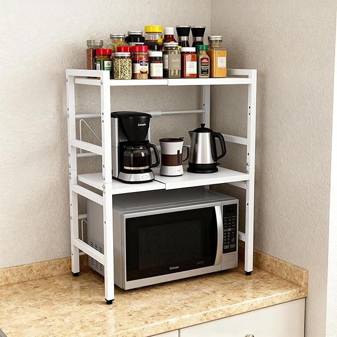 Microwave Oven Rack, Microwave Shelf Expandable Microwave Stand Countertop Kitchen Utensils, Bakers Rack, Carbon Steel Over Microwave Shelf Countertop with 6 Hooks (White, 3 Tier)