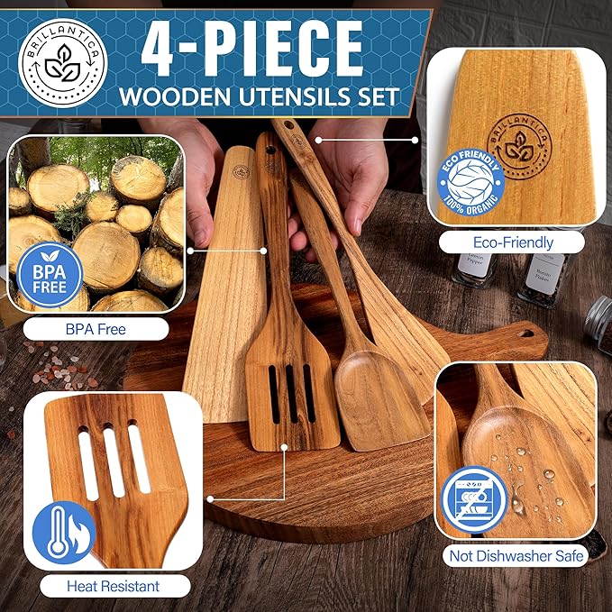 Wooden Kitchen Utensil Set of 4, Natural Wood Spoons and Spatulas, Non Toxic Eco Friendly Durable Wooden Turner and Spatula Set for Cooking. Perfect kitchen cooking utensils.