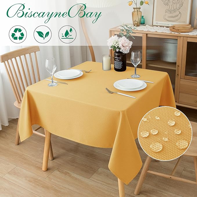 Biscaynebay Fall Tablecloth Textured Fabric Square Tablecloths 54x54'', Fall Gold Thanksgiving Autumn Harvest Water Resistant Fabric Tablecloths for Kitchen, Dining, Wedding, Parties Machine Washable