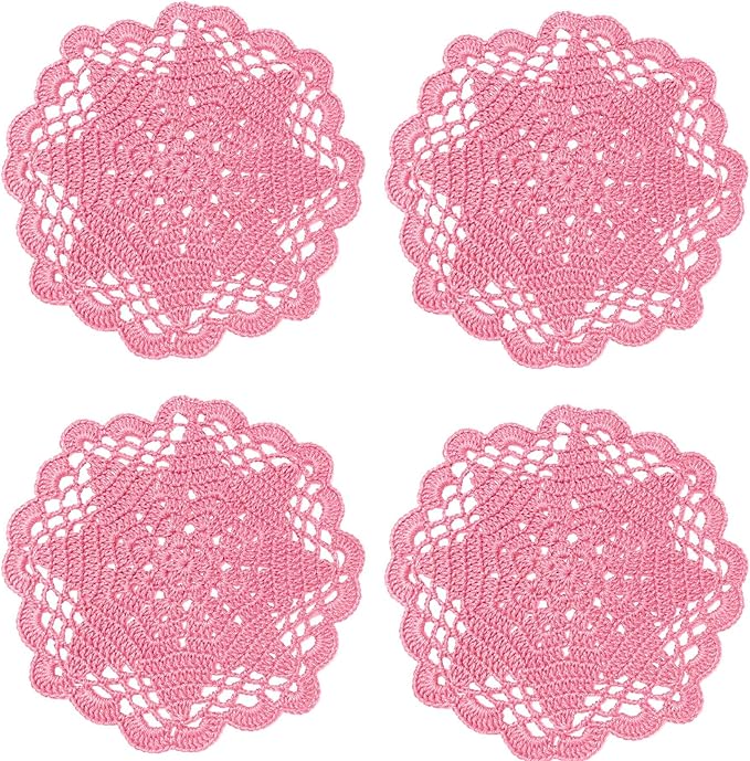 BIBITIME Handmade Crochet Round Lace Doilies Kitchen Table Placemats Wedding Tea Flower Vase Cup Mats (Pink, 6" to 7",Pack of 4PCS)