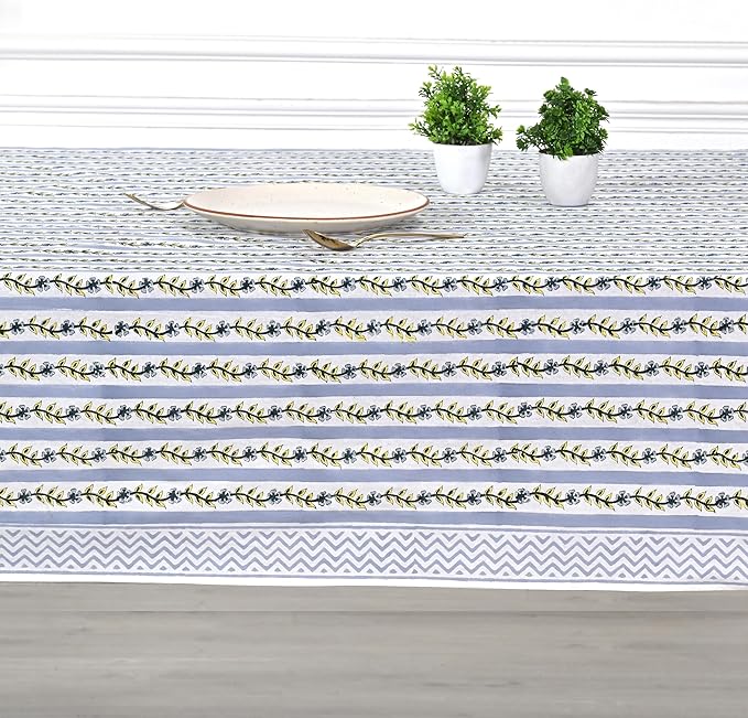 Ridhi Hand Block Print Dolphin Gray Rectangle Cotton Tablecloth 120" x 60" Reusable Table Cover Decorative Everyday Use for Dining, Farmhouse, Home Gift for Spring, Easter, Valentine