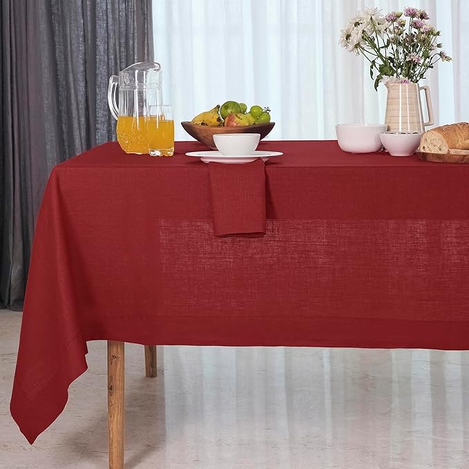 D'Moksha Homes Red Linen Tablecloth 54 x 72 Inch - 100% Pure Linen Tablecloth for Rectangle Tables - Machine Washable Table Cloth for Valentines, Spring