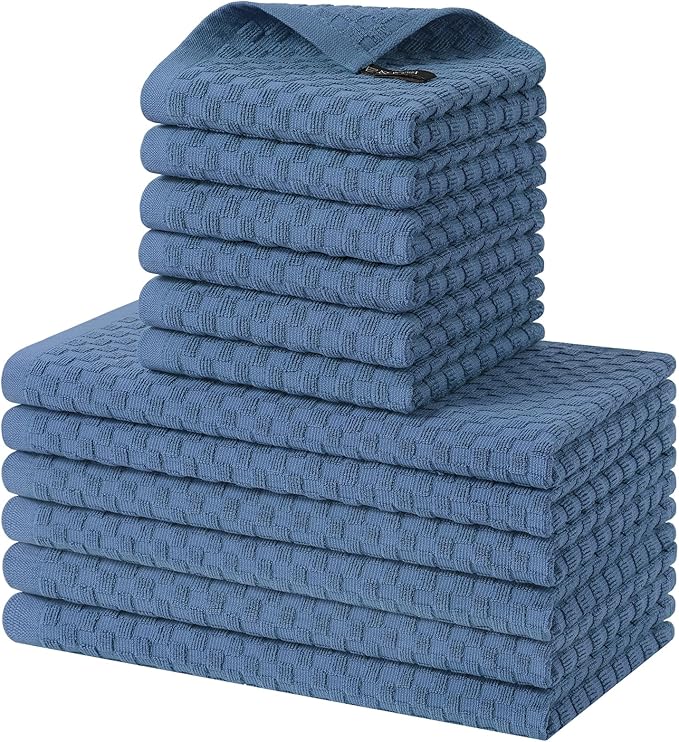 Homaxy 100% Cotton Kitchen Towels and Dishcloths Set, 12 x 12 & 15 x 25 Inches, Set of 12 Bulk Terry Cloth Dish Towels, Super Soft and Absorbent Hand Towel with Hanging Loop, Navy Blue
