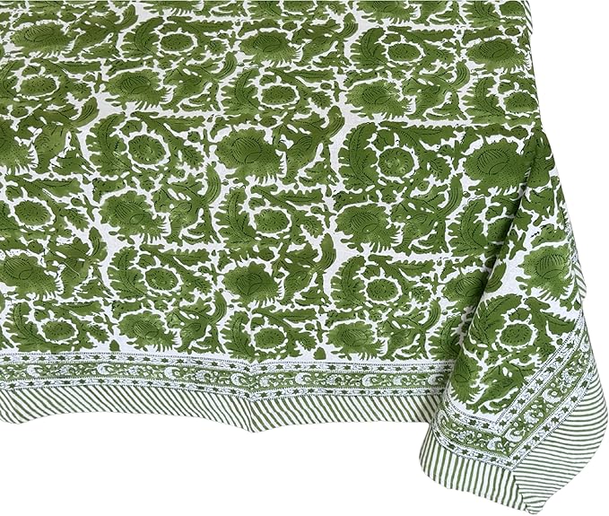 ATOSII Paradise Green 100% Cotton Rectangle Summer Tablecloth, Handblock Floral Print Linen Table Cloth for Kitchen Dining I Parties, Weddings, Outdoors, Decor 60 X 90 Inches