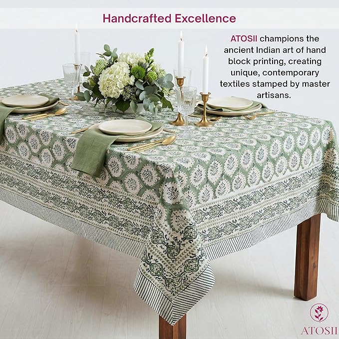 ATOSII Kari Green 100% Cotton Rectangle Boho Summer Tablecloth, Block Print Floral Table Cloth Linen for Dining, Parties, Wedding, Outdoors Home Decor 60 X 108 Inches I 8 Seater I